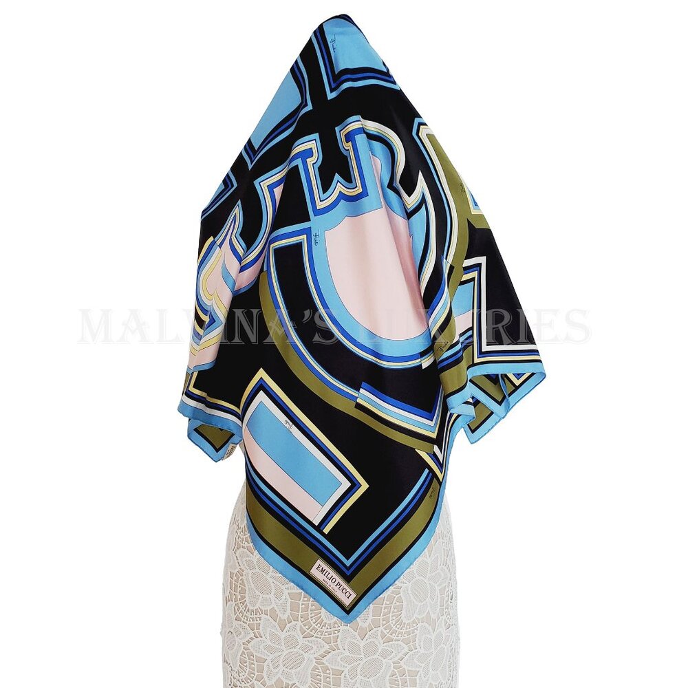 EMILIO PUCCI SCARF MULTI-COLORED VIBRANT PRINT SIGNATURE LOGO SQUARE SCARF 34" - Picture 5 of 15